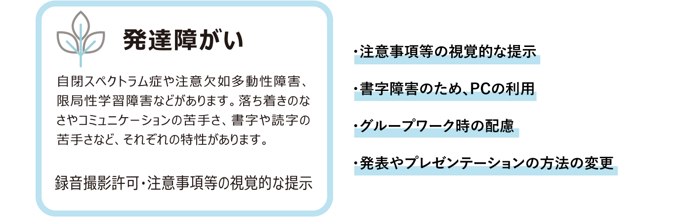 障がいの内容と支援の主な例について
