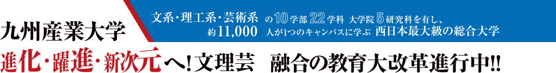 文系・理工系・芸術系の10学部 22学科大学院 5研究科を有し、約11,000人が1つのキャンパスに学ぶ西日本最大級の総合大学